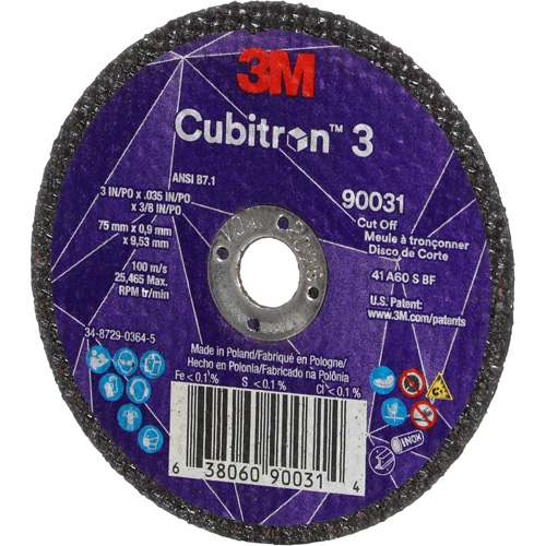 Meule &agrave; tronçonner Cubitron 3, 3" x 0,035", Arbre de 3/8", Type T1, C&eacute;ramique, 21000 Tr/min Absolute Business Supply