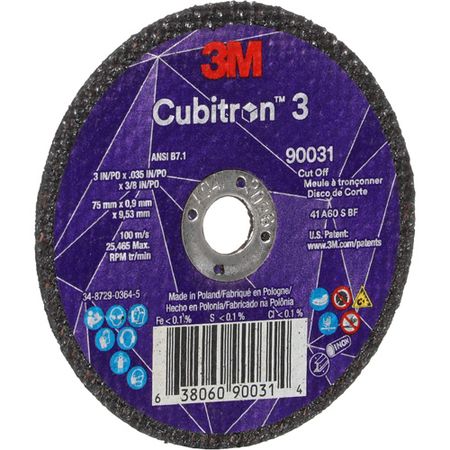 Meule &agrave; tronçonner Cubitron 3, 3" x 0,035", Arbre de 3/8", Type T1, C&eacute;ramique, 21000 Tr/min Absolute Business Supply