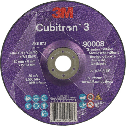 Meule a moyeu d&eacute;port&eacute; Cubitron 3, 7" x 1/4", Arbre 7/8", C&eacute;ramique, Type T27 Absolute Business Supply