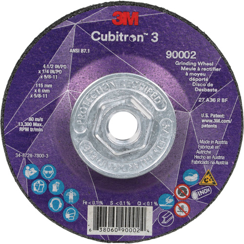 Meule a moyeu d&eacute;port&eacute; Cubitron 3, 4-1/2" x 1/4", Arbre 5/8"-11, C&eacute;ramique, Type T27 Absolute Business Supply
