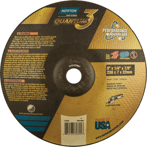 Quantum 3 SG Depressed Center Grinding Wheel, 9" x 1/4", 7/8" Arbor, Type 28, Ceramic, 6600 RPM Absolute Business Supply