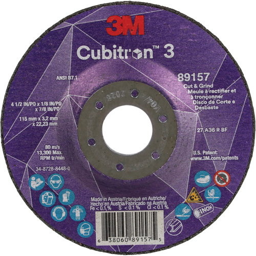 Cubitron 3 Cut and Grind Wheel, 4-1/2" x 1/8", 7/8" Arbor, Type 27, 36 Grit, Ceramic Absolute Business Supply