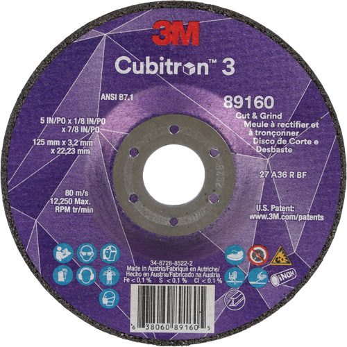 Cubitron 3 Cut and Grind Wheel, 5" x 1/8", 7/8" Arbor, Type 27, 36 Grit, Ceramic Absolute Business Supply