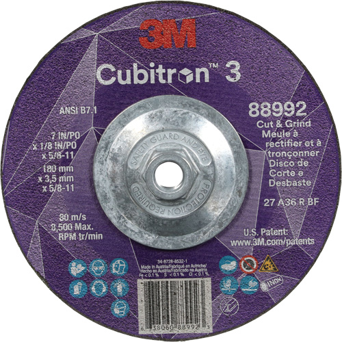 Cubitron 3 Cut and Grind Wheel, 7" x 1/8", 5/8"-11 Arbor, Type 27, 36 Grit, Ceramic Absolute Business Supply