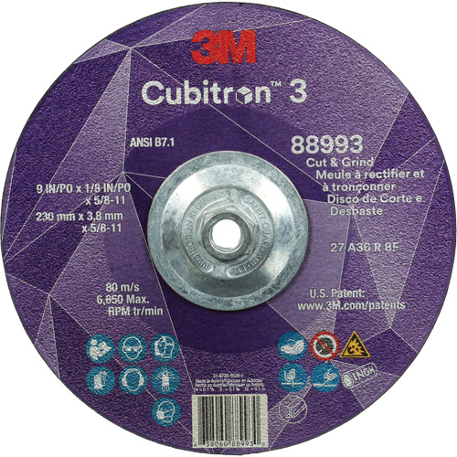 Meule &agrave; rectifier et &agrave; tronçonner Cubitron 3, 9" x 1/8", Arbre de 5/8"-11, Type 27, Grain de 36, C&eacute;ramique Absolute Business Supply