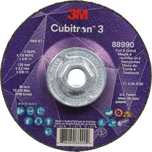 Cubitron 3 Cut and Grind Wheel, 5" x 1/8", 5/8"-11 Arbor, Type 27, 36 Grit, Ceramic Absolute Business Supply