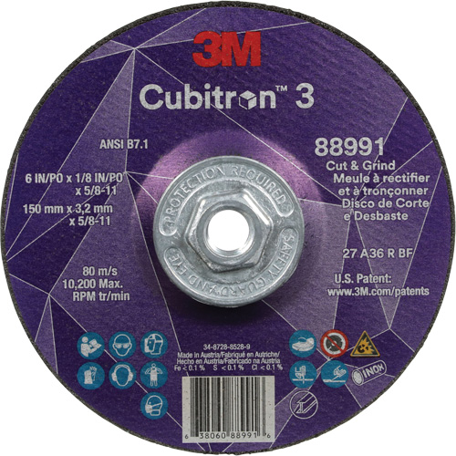 Cubitron 3 Cut and Grind Wheel, 6" x 1/8", 5/8"-11 Arbor, Type 27, 36 Grit, Ceramic Absolute Business Supply