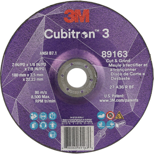 Cubitron 3 Cut and Grind Wheel, 7" x 1/8", 7/8" Arbor, Type 27, 36 Grit, Ceramic Absolute Business Supply