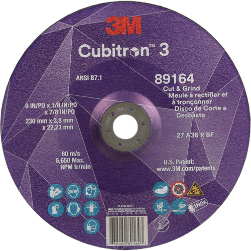 Cubitron 3 Cut and Grind Wheel, 9" x 1/8", 7/8" Arbor, Type 27, 36 Grit, Ceramic Absolute Business Supply