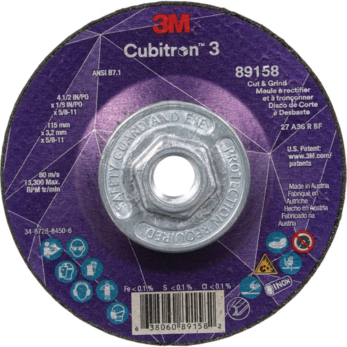Meule &agrave; rectifier et &agrave; tronçonner Cubitron 3, 4-1/2" x 1/8", Arbre de 5/8"-11, Type 27, Grain de 36, C&eacute;ramique Absolute Business Supply