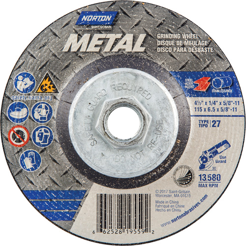 Metal Grinding Wheel, 4-1/2" x 1/4", 5/8"-11 Arbor, Aluminum Oxide, Type 27 Absolute Business Supply
