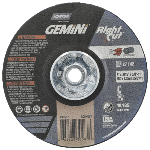 Meule &agrave; tronçonner pour coupe &agrave; angle droit RightCut Gemini, 6" x 0,045", Arbre de 5/8"-11, Type 27/42, Oxyde d'aluminium, 10185 Tr/min Absolute Business Supply