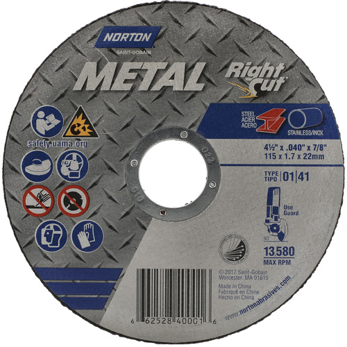 Metal RightCut Right Angle Cut-Off Wheel, 4-1/2" x 0.045", 7/8" Arbor, Type 01/41, Aluminum Oxide, 13580 RPM Absolute Business Supply