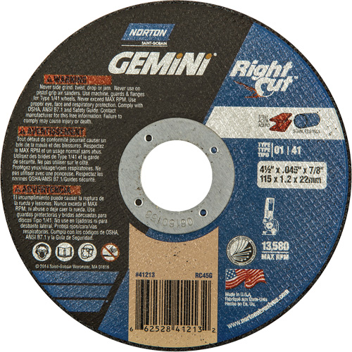 Gemini RightCut Right Angle Cut-Off Wheel, 4-1/2" x 0.045", 7/8" Arbor, Type 01/41, Aluminum Oxide, 13580 RPM Absolute Business Supply