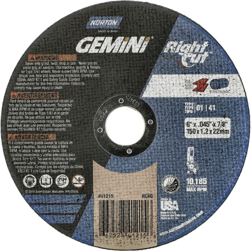 Gemini RightCut Right Angle Cut-Off Wheel, 6" x 0.045", 7/8" Arbor, Type 01/41, Aluminum Oxide, 10185 RPM Absolute Business Supply