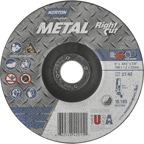 Meule &agrave; tronçonner m&eacute;tallique pour coupe &agrave; angle droit RightCut, 6" x 0,045", Arbre de 7/8", Type 27/42, Oxyde d'aluminium, 10190 Tr/min Absolute Business Supply