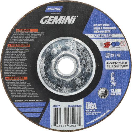Gemini INOX/SS Right Angle Cut-Off Wheel, 4-1/2" x 3/32", 5/8"-11 Arbor, Type 27/42, Aluminum Oxide, 13580 RPM Absolute Business Supply