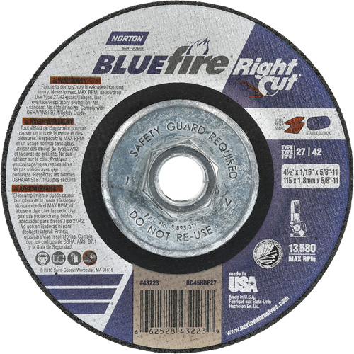 Meule &agrave; tronçonner pour coupe &agrave; angle droit RightCut BlueFire, 4-1/2" x 1/16", Arbre de 5/8"-11, Type 27/42, Oxyde d'aluminium, 13580 Tr/min Absolute Business Supply