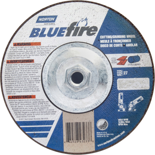BlueFire Grinding & Cutting Wheel, 7" x 1/8", 5/8"-11 Arbor, Type 27, Zirconia Alumina Absolute Business Supply