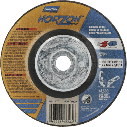 Disque de meulage et tronçonnage NorZon Plus SGZ CA, 4-1/2" x 1/8", Arbre de 5/8"-11, Type 27, C&eacute;ramique d'alumine Absolute Business Supply