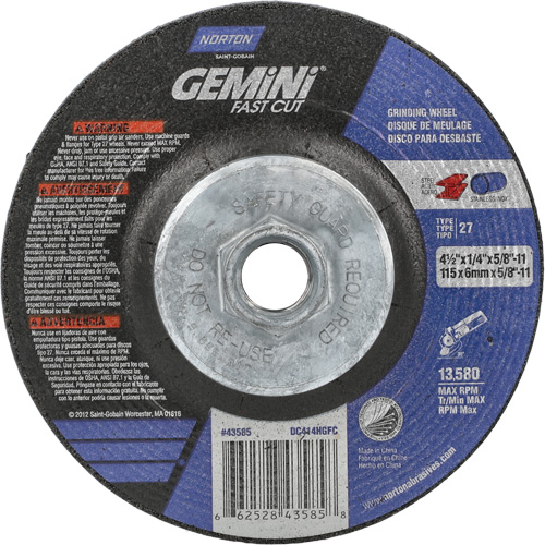 Gemini Grinding Wheel, 4-1/2" x 1/4", 5/8"-11 Arbor, Aluminum Oxide, Type 27 Absolute Business Supply