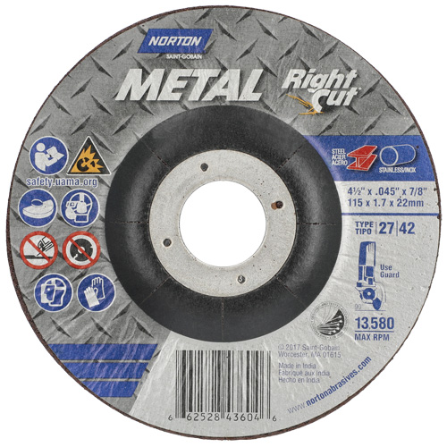 Meule &agrave; tronçonner m&eacute;tallique pour coupe &agrave; angle droit RightCut, 4-1/2" x 0,045", Arbre de 7/8", Type 27, Oxyde d'aluminium, 13580 Tr/min Absolute Business Supply