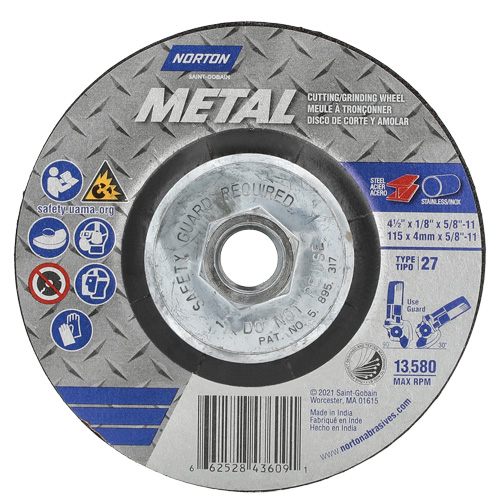 Disque de meulage et tronçonnage m&eacute;tallique, 4-1/2" x 1/8", Arbre de 5/8"-11, Type 27, Oxyde d'aluminium Absolute Business Supply