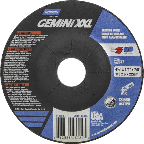 Meule XXL Gemini, 4-1/2" x 1/4", Arbre 7/8", Oxyde d'aluminium, Type 27 Absolute Business Supply