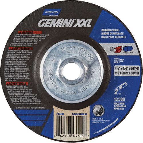 Gemini XXL Grinding Wheel, 4-1/2" x 1/4", 5/8"-11 Arbor, Aluminum Oxide, Type 27 Absolute Business Supply