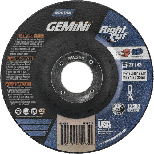 Meule &agrave; tronçonner pour coupe &agrave; angle droit RightCut Gemini, 4-1/2" x 0,045", Arbre de 7/8", Type 27/42, Oxyde d'aluminium, 13580 Tr/min Absolute Business Supply