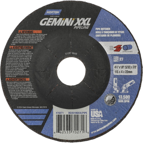 Gemini XXL Grinding & Cutting Wheel, 4-1/2" x 1/8", 7/8" Arbor, Type 27, Aluminum Oxide Absolute Business Supply
