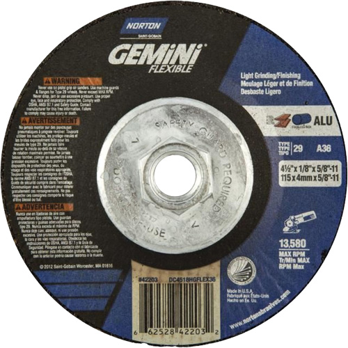 Gemini Flexible A AO Grinding and Cutting Wheel, 4-1/2" x 1/8", 5/8"-11 Arbor, Type 29, Aluminum Oxide, 13580 RPM Absolute Business Supply
