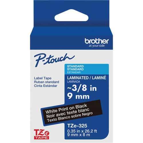 P-touch&reg; Labeling Systems, 9 mm x 314.96" or 8 m, White on Black Absolute Business Supply