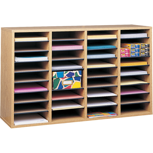 Adjustable Compartment Literature Organizer, Stationary, 36 Slots, Wood, 39-1/4" W x 11-3/4" D x 24" H Absolute Business Supply