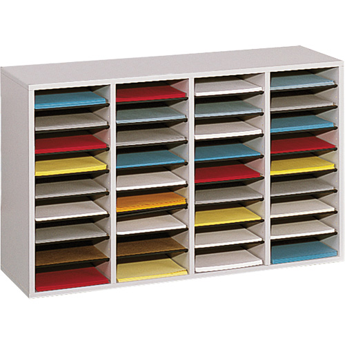 Adjustable Compartment Literature Organizer, Stationary, 36 Slots, Wood, 39-1/4" W x 11-3/4" D x 24" H Absolute Business Supply