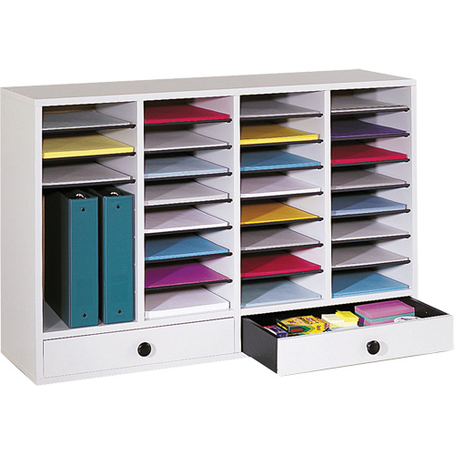 Adjustable Compartment Literature Organizer, Stationary, 34 Slots, Wood, 39-1/4" W x 11-3/4" D x 25-1/4" H Absolute Business Supply