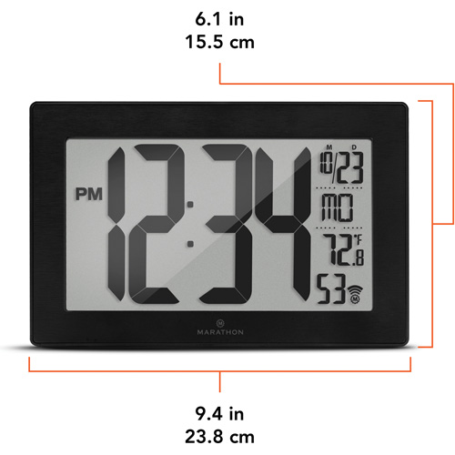 Horloge murale &agrave; r&eacute;glage et ajustement automatiques avec support, Num&eacute;rique, &agrave; piles, Noir Absolute Business Supply