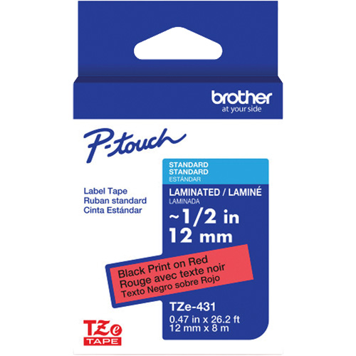 Ruban lamin&eacute; TZe-431 pour &eacute;tiqueteuses P-Touch compatibles avec les rubans TZe, 12 mm x 8 m, Noir/rouge Absolute Business Supply