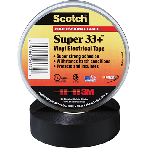Scotch&reg; Super 33 Tape, 19 mm (3/4") x 20.1 m (66'), Black, 7 mils Absolute Business Supply