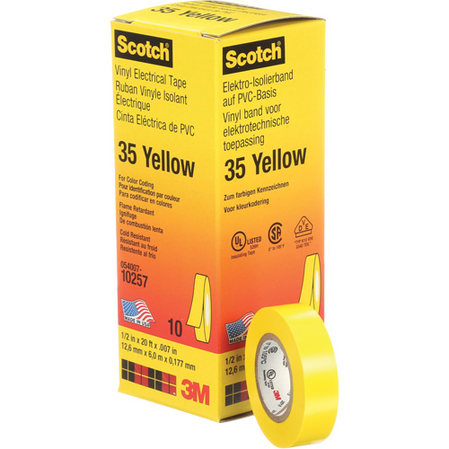 Rubans en vinyle pour codage en couleurs 35 Scotch, 12,7 mm (1/2") x 6,1 m (20'), Jaune, 7 mils Absolute Business Supply