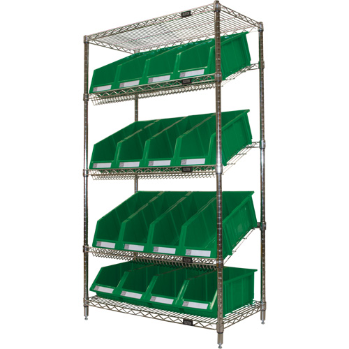 &eacute;tag&egrave;re en treillis m&eacute;tallique &agrave; tablettes inclin&eacute;es avec bacs, Tiers 5, 36" la x 63" h x 18" p Absolute Business Supply