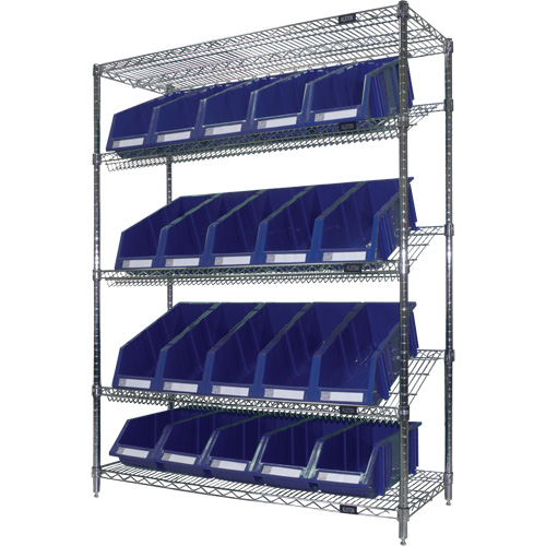 &eacute;tag&egrave;re en treillis m&eacute;tallique &agrave; tablettes inclin&eacute;es avec bacs, Tiers 5, 48" la x 63" h x 18" p Absolute Business Supply