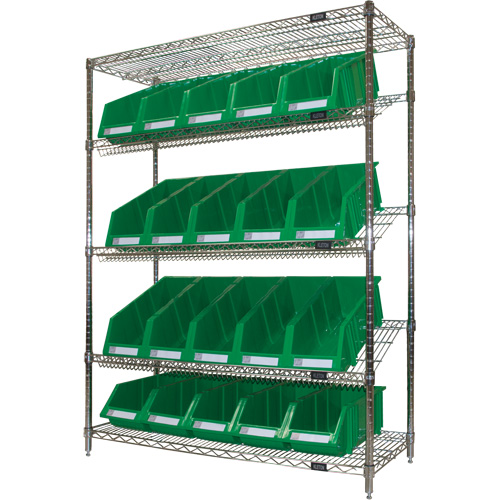 &eacute;tag&egrave;re en treillis m&eacute;tallique &agrave; tablettes inclin&eacute;es avec bacs, Tiers 5, 48" la x 63" h x 18" p Absolute Business Supply
