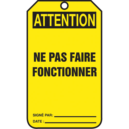 &eacute;tiquettes de verrouillage, Papier cartonn&eacute;, 3-1/8" la x 5-7/8" h, Français Absolute Business Supply