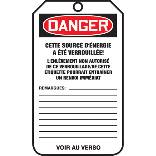 &eacute;tiquettes de verrouillage, Papier cartonn&eacute;, 3-1/8" la x 5-7/8" h, Français Absolute Business Supply