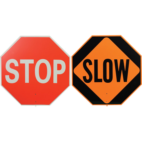 Panneau de signalisation &agrave; deux c&ocirc;t&eacute;s  Stop/Slow , Plastique, Boulonn&eacute; Absolute Business Supply