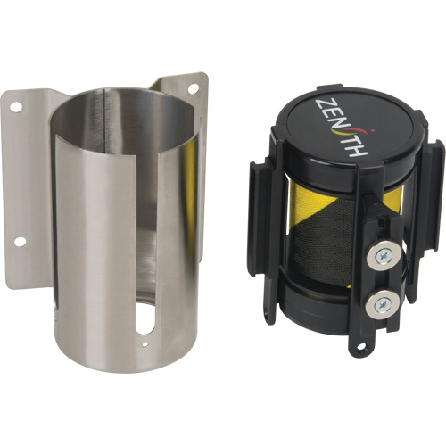 Wall Mount Barrier with Magnetic Tape, Steel, Screw Mount, 7', Black and Yellow Tape Absolute Business Supply