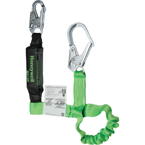 Miller&reg; StretchStop&reg; Shock-Absorbing Lanyard, 6', Locking Rebar Hook Center, Locking Snap Hook Leg Ends, Polyester Absolute Business Supply