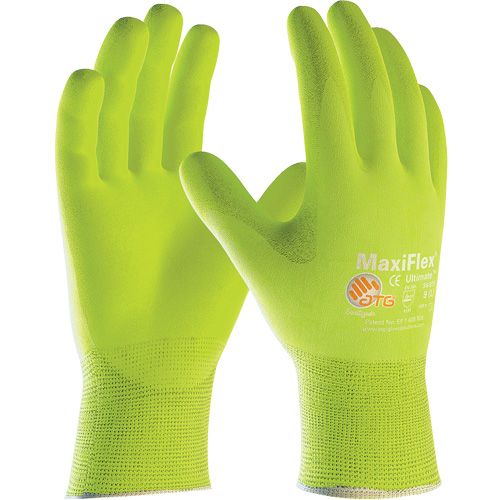 Gants sans coutures haute visibilit&eacute; ATG MaxiFlex Ultimate, Grand, R&ecirc;vetement Nitrile, Calibre 15, Enveloppe en Nylon/&eacute;lasthanne Absolute Business Supply