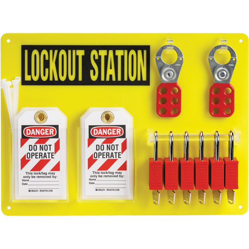Tableau de cadenassage et &eacute;tiquetage avec cadenas de s&eacute;curit&eacute; en nylon utilisant des cl&eacute;s identiques, Cadenas Plastique, Capacit&eacute; de 6, Cadenas Compris Absolute Business Supply